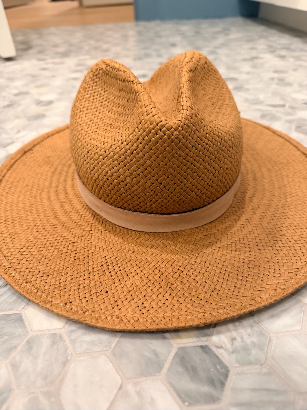 Janessa Leone Straw Fedora Hat in Tan with Light Trim